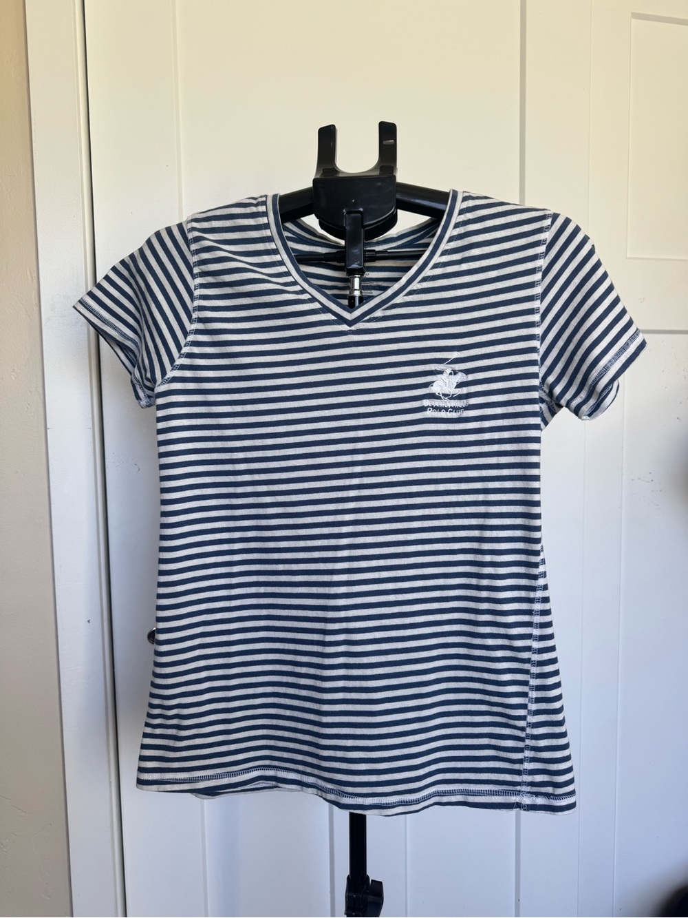 Beverly Hills Polo Club Navy and White Striped V-Neck Tee